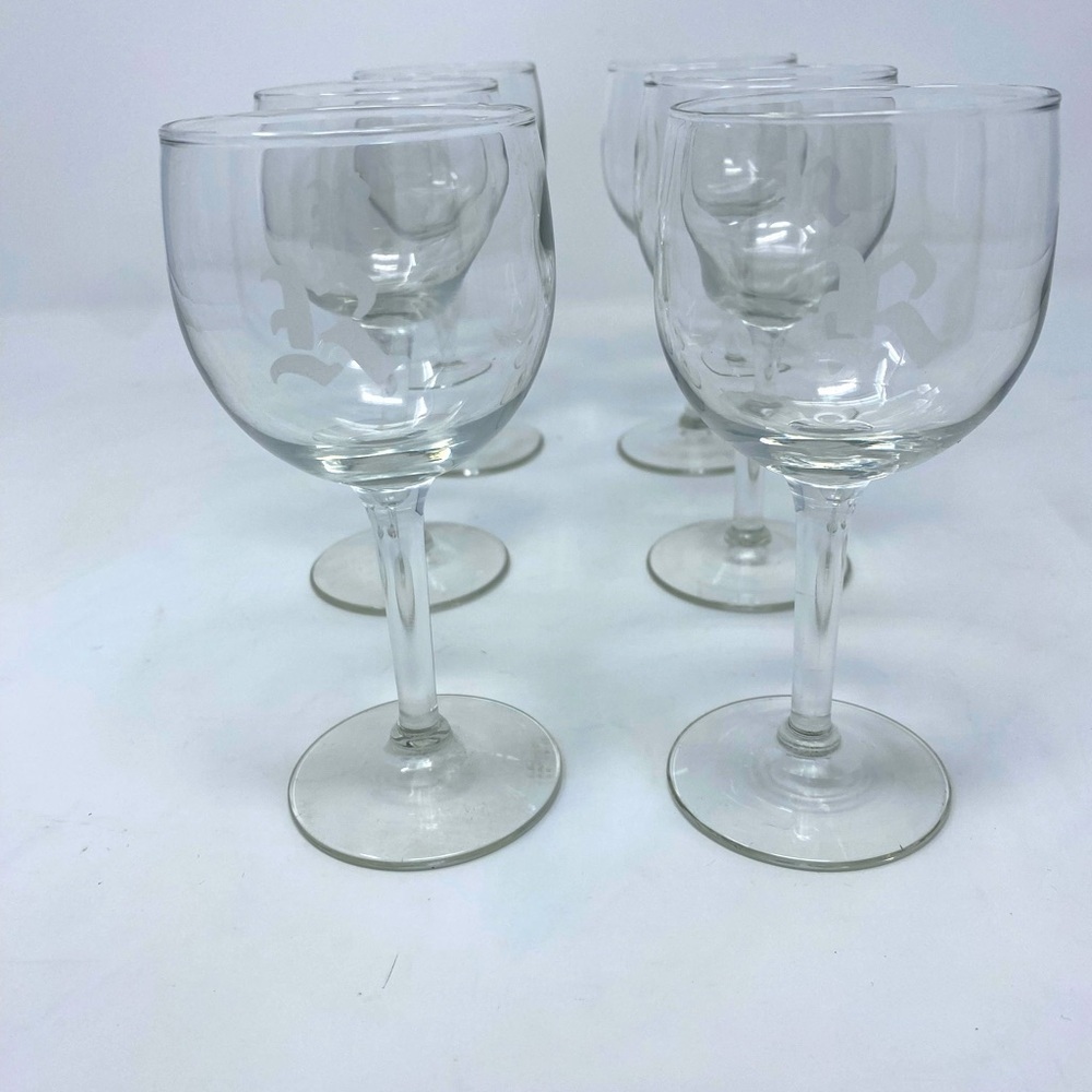 Set of 6 Vintage “R” Frosted Monogram Wine Glasses